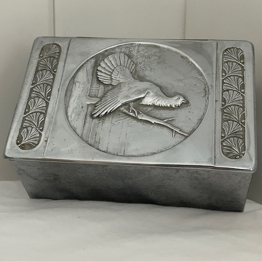 Vintage metalware silver color bird motif foliate trinket wood lined box retro